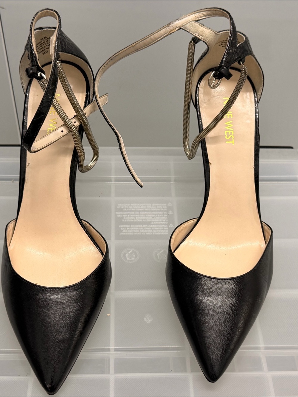 Nine West Black Pointed-Toe Ankle-Strap Pumps with Gold Accent